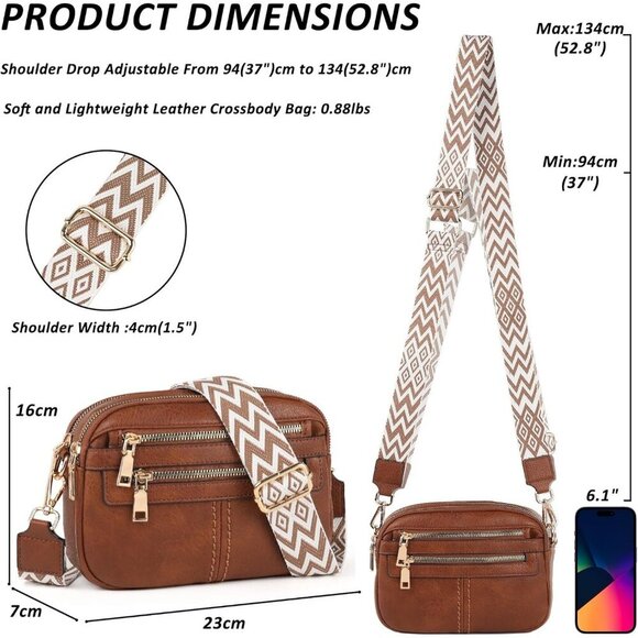 6-Pocket Crossbody Bags for Women, Vegan Leather Shoulder Handbags Brown Travel - Picture 2 of 7